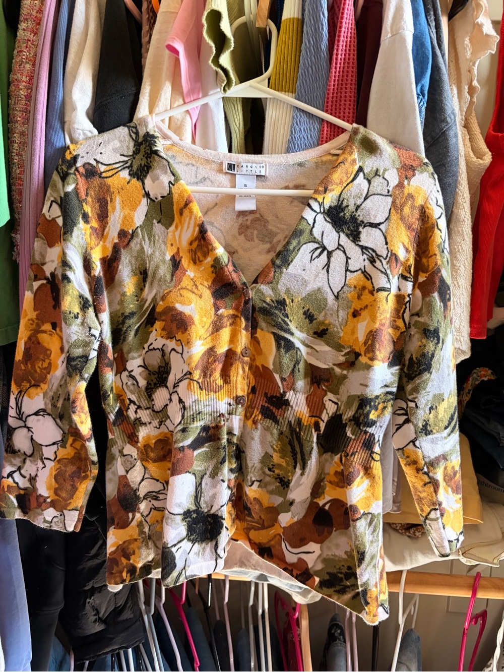 Carole Little Floral V-Neck Cardigan in Yellow, Green & White
